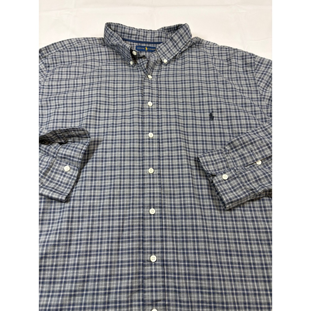 Ralph Lauren Mens 3XB Blue‎ Grey Plaid Cotton Button Down Shirt Long Sleeve